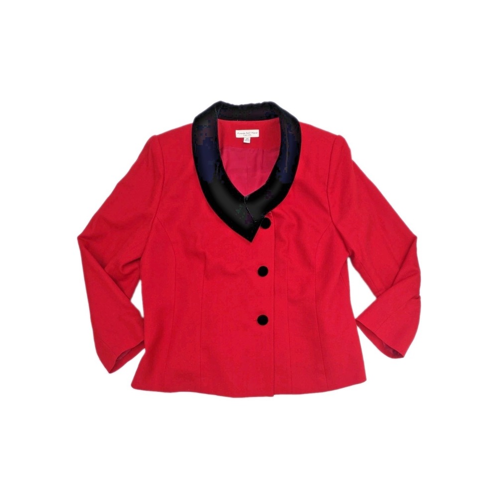 Vtg 80s 90s Jacket Blazer Red Wool Velvet Collar Lapel Buttons Size 18W Holiday